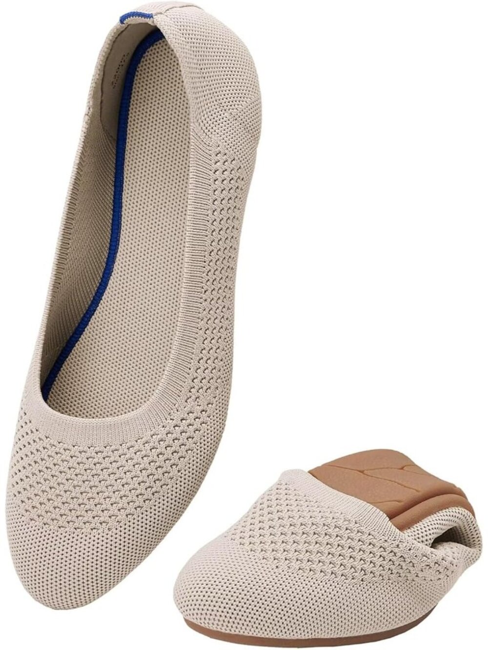 Women's Beige 1 Ballet Flat Knit Round Toe Textile Slip On Walking Shoes